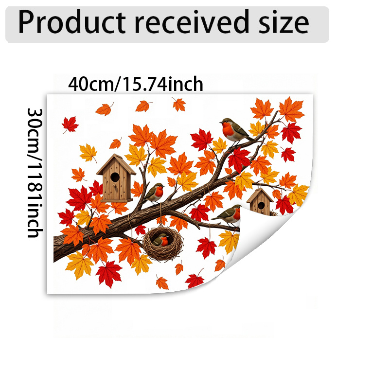 TEMU Fall Thanksgiving Harvest Bird Window Cling, Realistic Thick Branch Robin With Cottage Nest Gradient Maple Leaf Combination Fun Pattern, Easy To