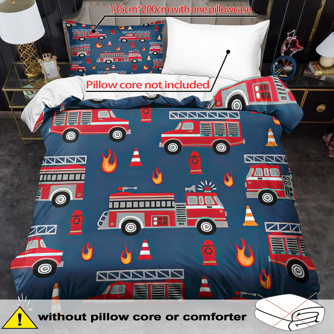 TEMU Truck Theme Duvet Cover Set - 2/3pcs, Soft And Comfortable Breathable, Cartoon Fire Truck Print Bedding, Truck Print Duvet Cover Set, 100%
