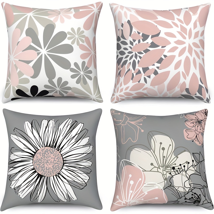 E-shop 4er-Set Graue Moderne Gänseblümchen-Kissenbezüge, Pfirsichhaut-Samt Hellrosa Dekorative Blumen-Sofabezüge, Outdoor-Heim-Schlafzimmer-Autokissen,