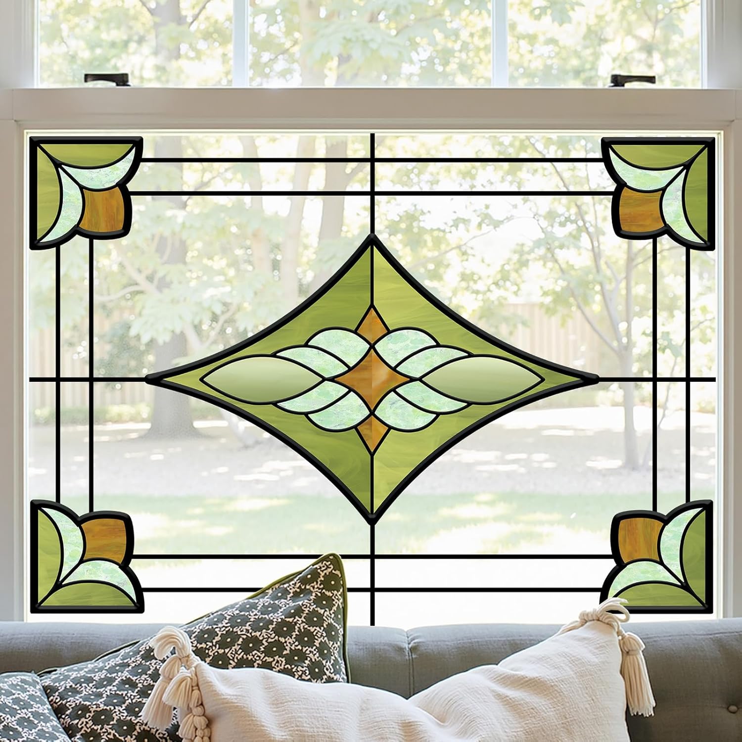 Image of Stained Window Cling - Retro Green And Amber Geometric Decorative Stickers, Self-adhesive Removable Pvc Material, Suitable For Living Room Window Glass Surface, Elegant Decoration Supplies