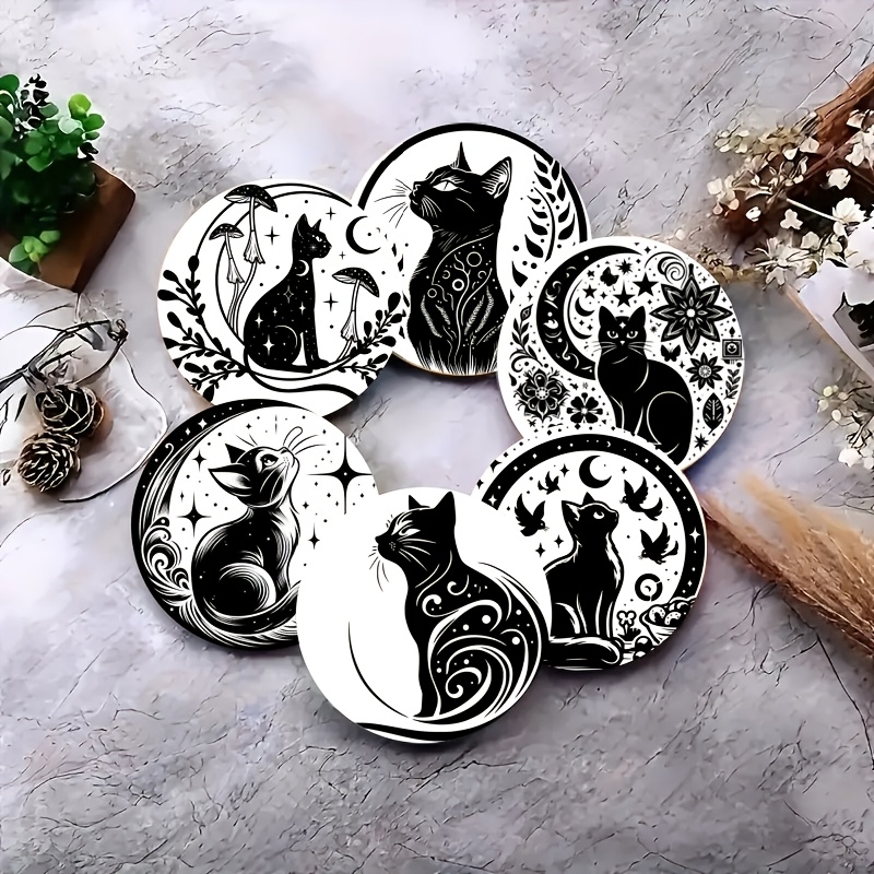 TEMU 6pcs 2d Flat Wooden Coaster Set, Suitable For Cafes, Kitchens, Bars - Cat And Sun Stars Table Protector, Home Office Heat-resistant Non-slip
