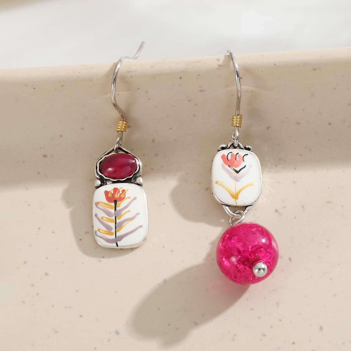 TEMU Vintage Ethnic-style Asymmetrical Hand-painted Small Floral Pendant Earrings For Women, With Synthetic Synthetic Zirconia, Suitable For Dates,