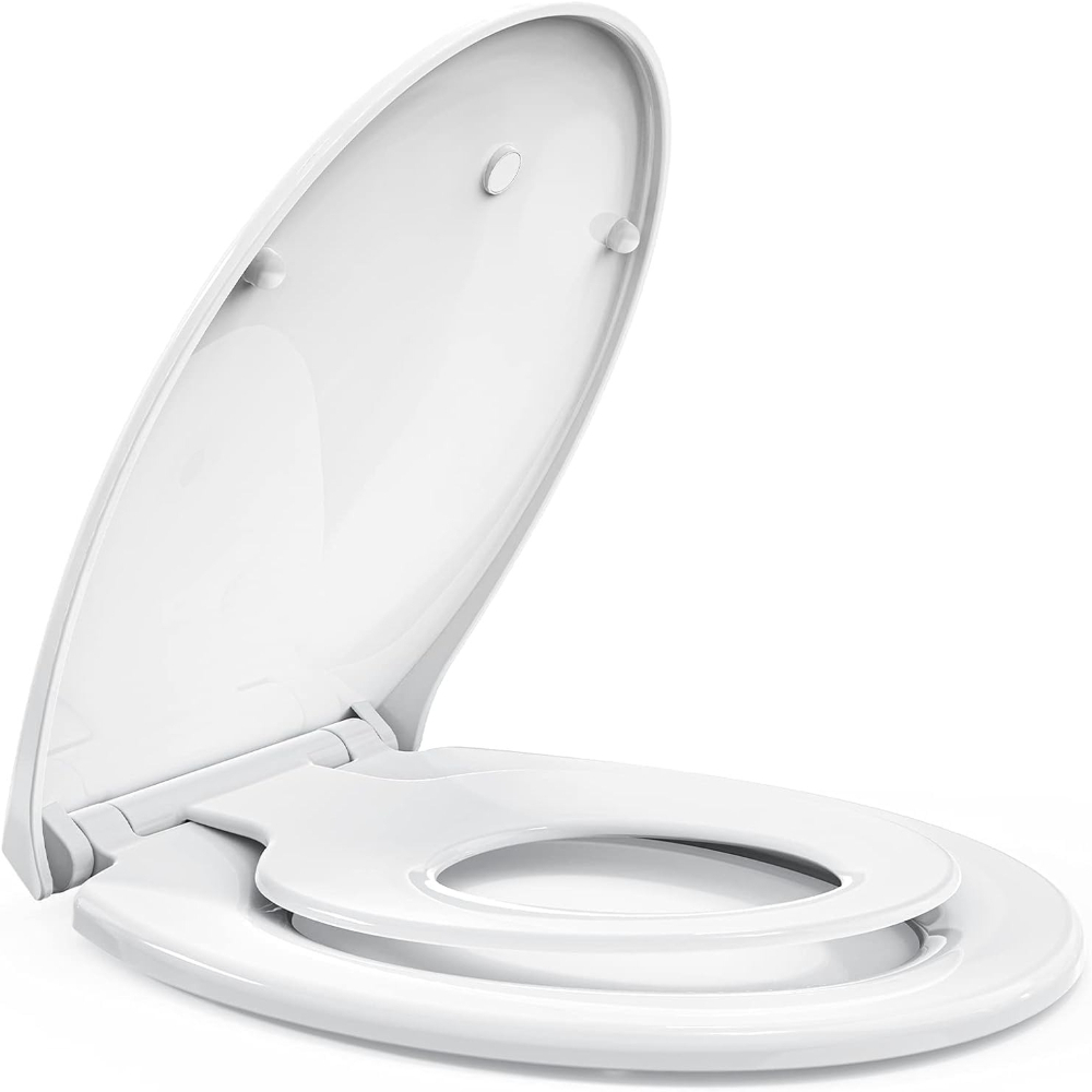 Image of 1pc O-shaped White Toilet Seat, 2-in-1 Design, , Quick-release, Easy To Clean, Non-slip, Noise-reducing, Universal Fit - Family Set
