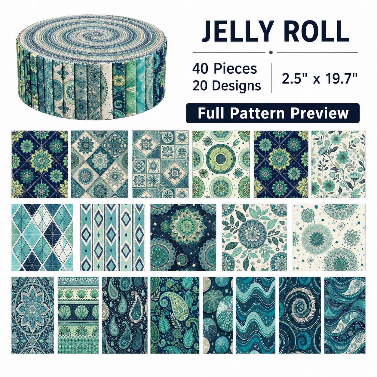 TEMU Rollo de 40 tiras de tela tipo jelly roll para acolchar, precortadas con estampados de mandala, cachemira, floral, geométrico para de mesa,