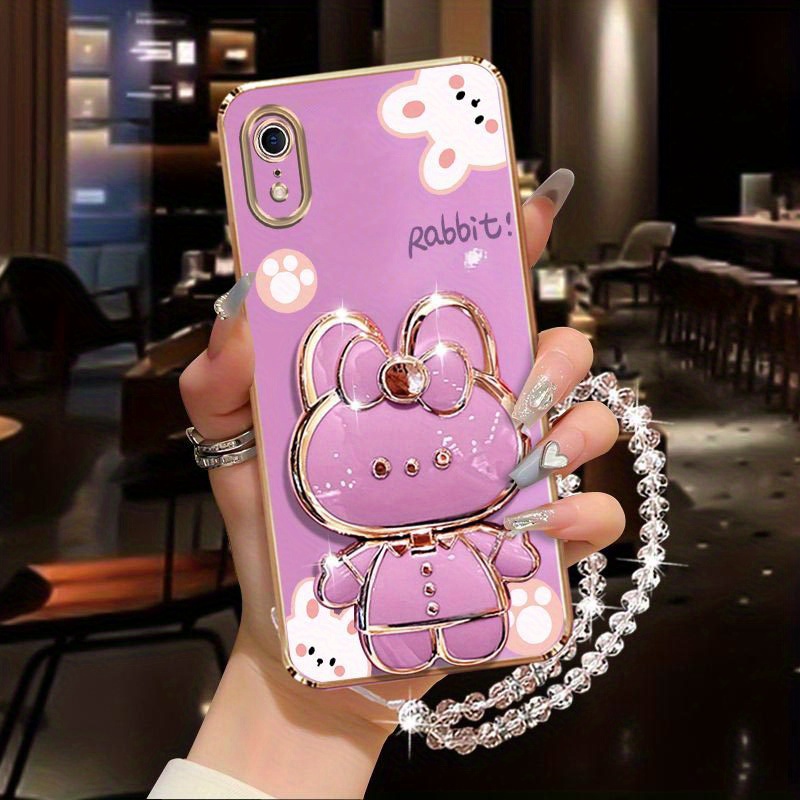 TEMU Custodia per telefono: Custodia con supporto per telefono a forma di , specchietto per trucco, laccetto da polso con diamanti per iPhone XR