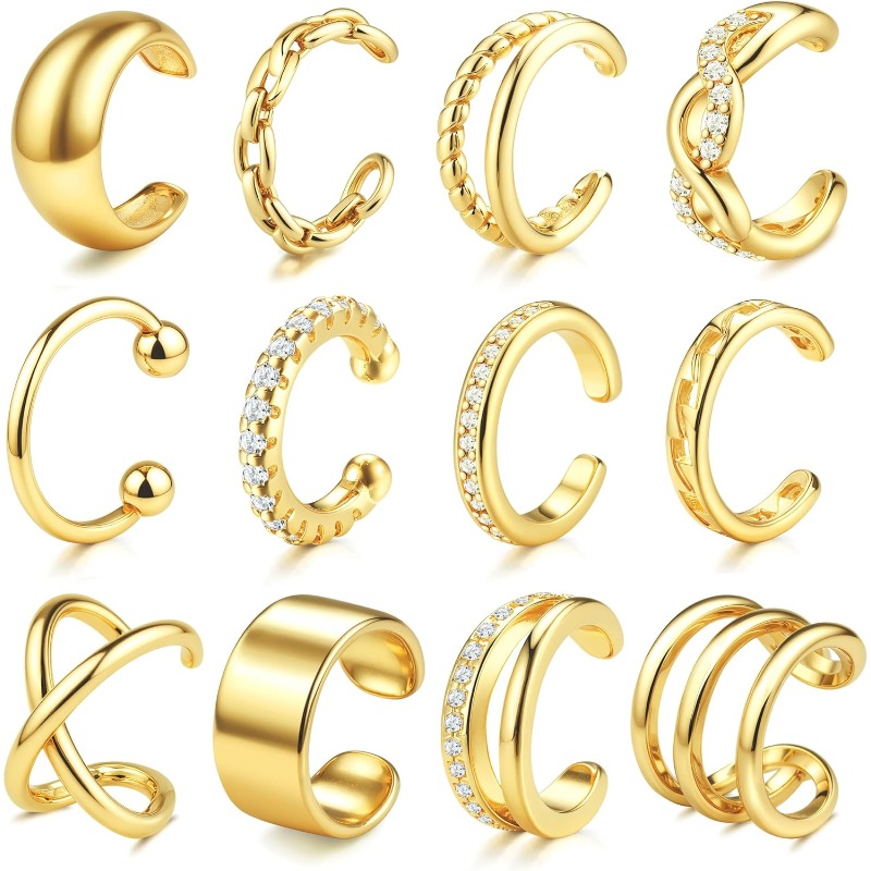 Image of 12pcs Fake Piercing Ear Cuff Adjustable Cuff Non Piercing Fake Helix Cartilage Clip Earring Goldensilvery Plated No Hole Earring