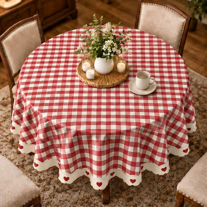 TEMU 1pc, 60-inch, Round Tablecloth Red And White Gingham Tablecloth With Heart Trim For Dining Table For Dining Room Patio Picnic, Spring Summer