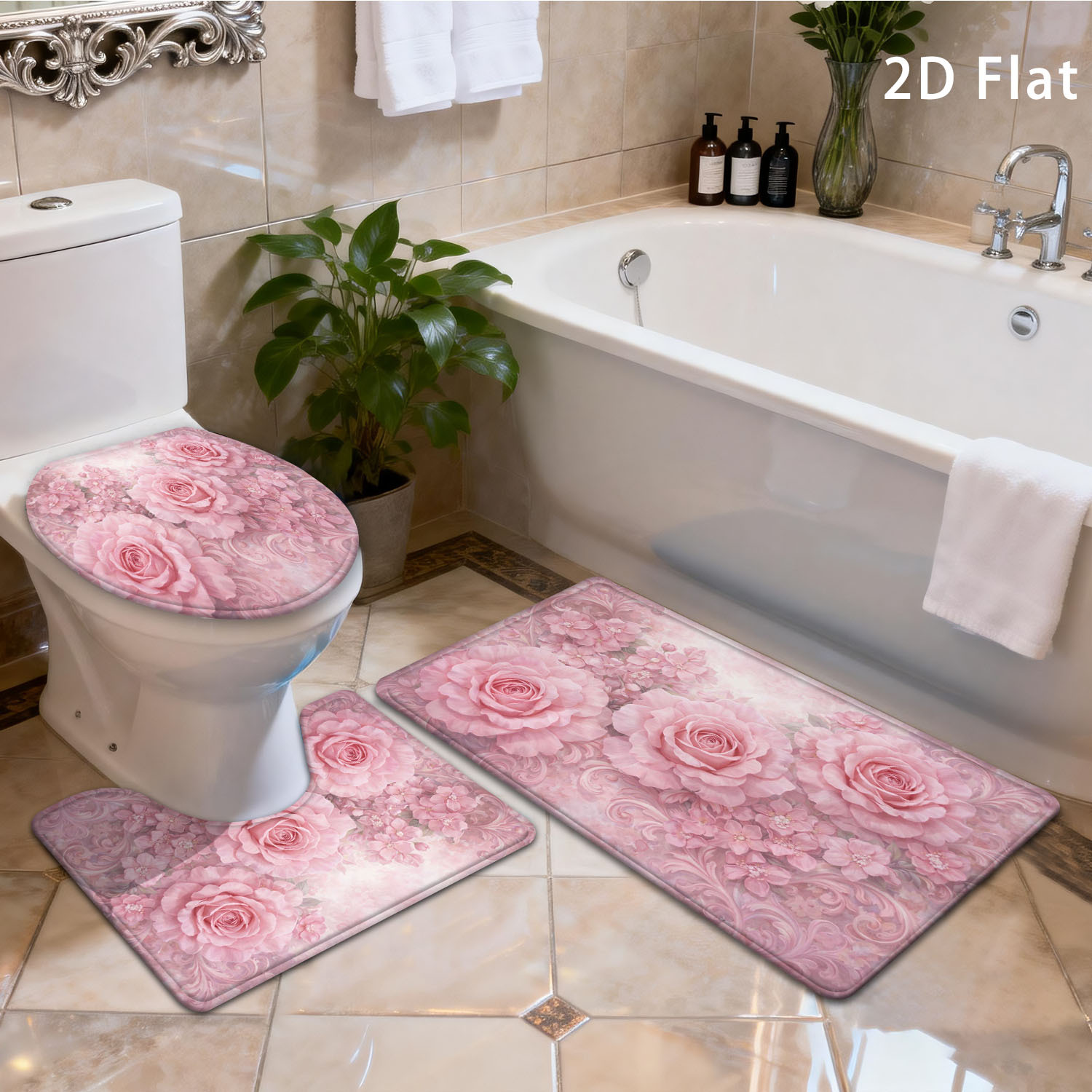 TEMU Set di tappetini antiscivolo 2D 3/4 pezzi per bagno, a spirale, tappetino decorativo per porta della doccia, tappeto ad asciugatura rapida,