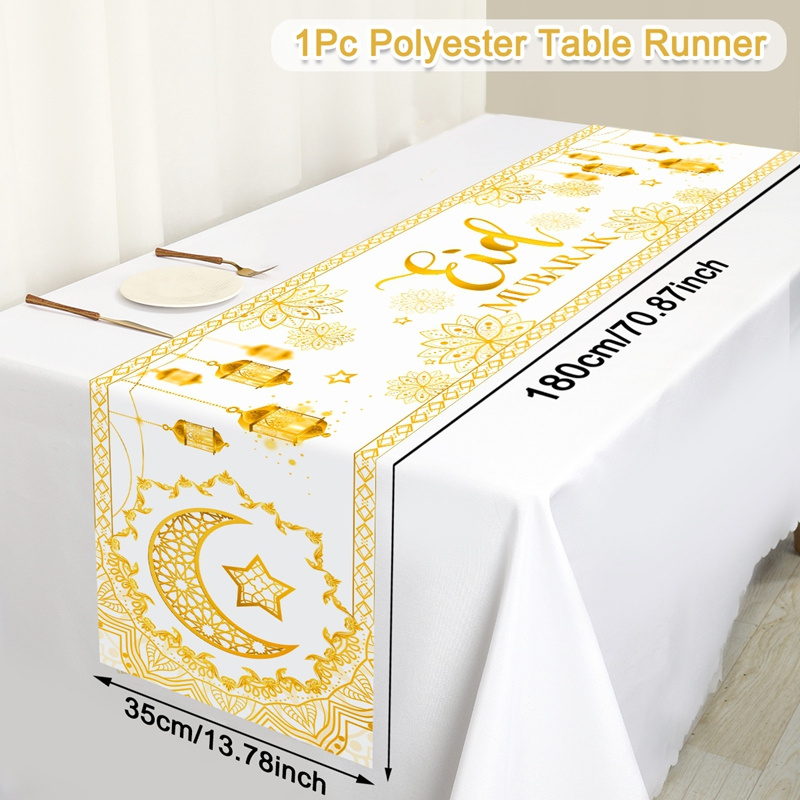 TEMU Elegant Polyester Eid Table Flag, 180 X 35cm White And And Moon Lantern Pattern Designed Table Runner, Perfect For Ramadan Kareem And Eid Al