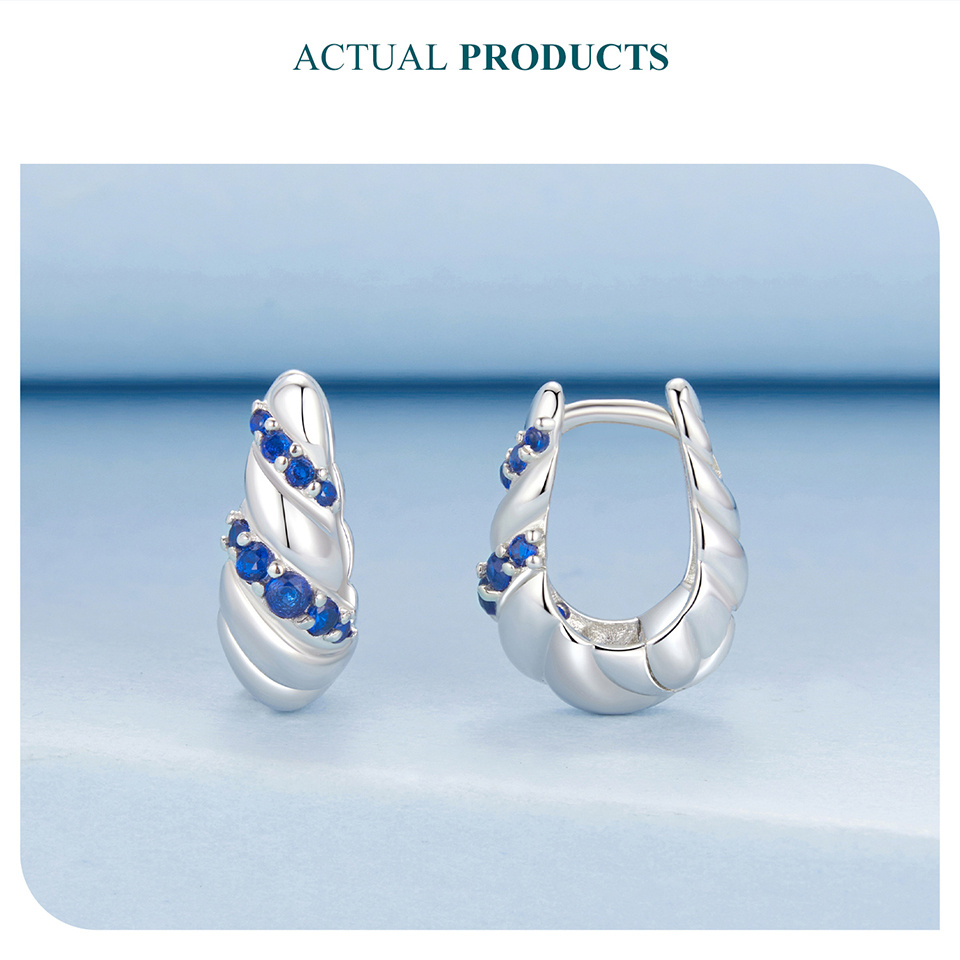 1 pair luxury 925 sterling silver hoop earrings, blue twisted anti-allergy jewelry with synthetic zirconia,   music festival   wear details 3