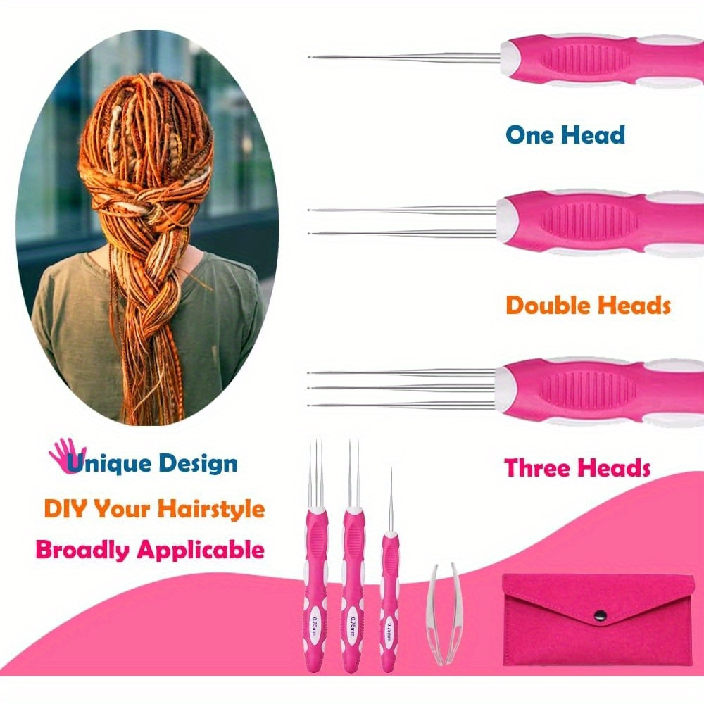 TEMU Braid Locking Tool Set With Storage Bag, Braid Crochet Hair Braiding Kit, 3pcs 0.75mm Crochet Hooks With Ergonomic Handle, Including 1 Crochet