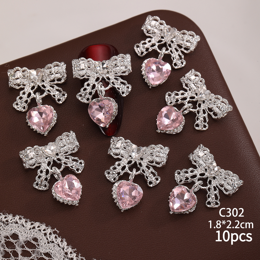 TEMU 10pcs Set Of 3d Silvery Bows With Heart Pendant Rhinestone Jewelry, Luxurious Shiny Lace Bow Nail Art Decorations, Suitable For Professional Diy