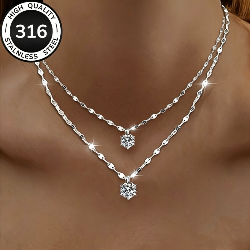 TEMU 2pcs Lip-shaped Pendant Necklace, High-quality Steel, Hypoallergenic, Fade-resistant, Elegant And Versatile, With A Shiny Six-prong Synthetic