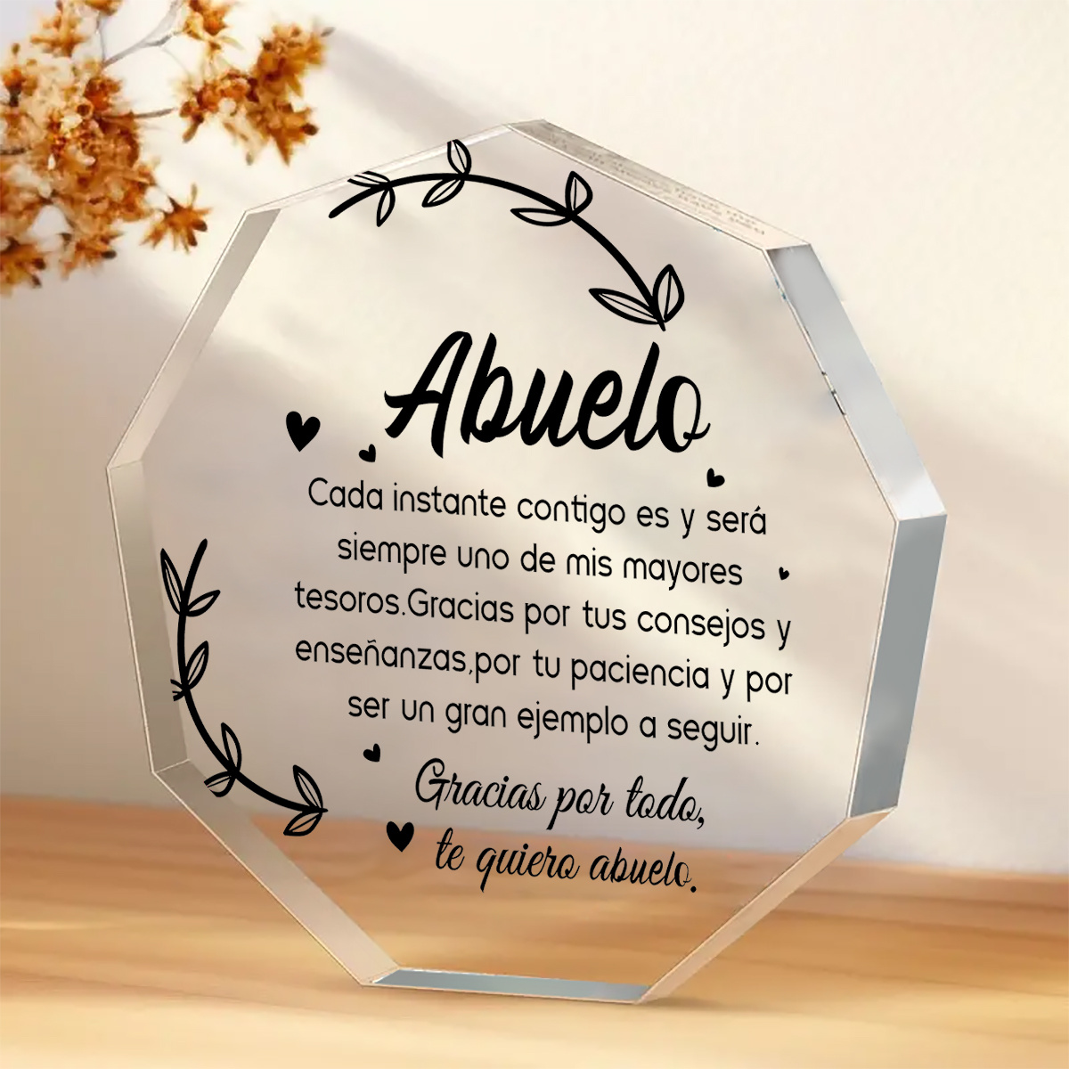 TEMU 2D, 1 pieza de recuerdo acrílico de agradecimiento para español - Lámpara de mesa octogonal decorativa grabada "Especial" con diseño de y hoja,