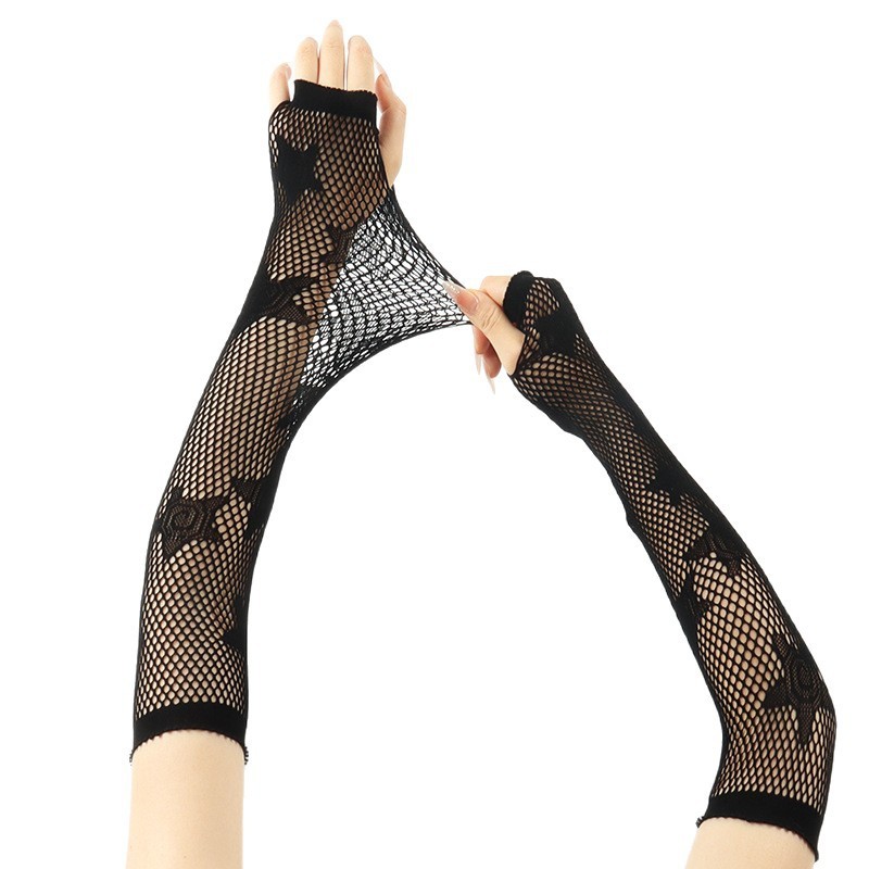 E-shop 1 Paar Punk Gothic Fischernetz-Handschuhe mit langen freiliegenden Fingerärmeln & vollständiger Handabdeckung für Angeln, Camping, Survival -