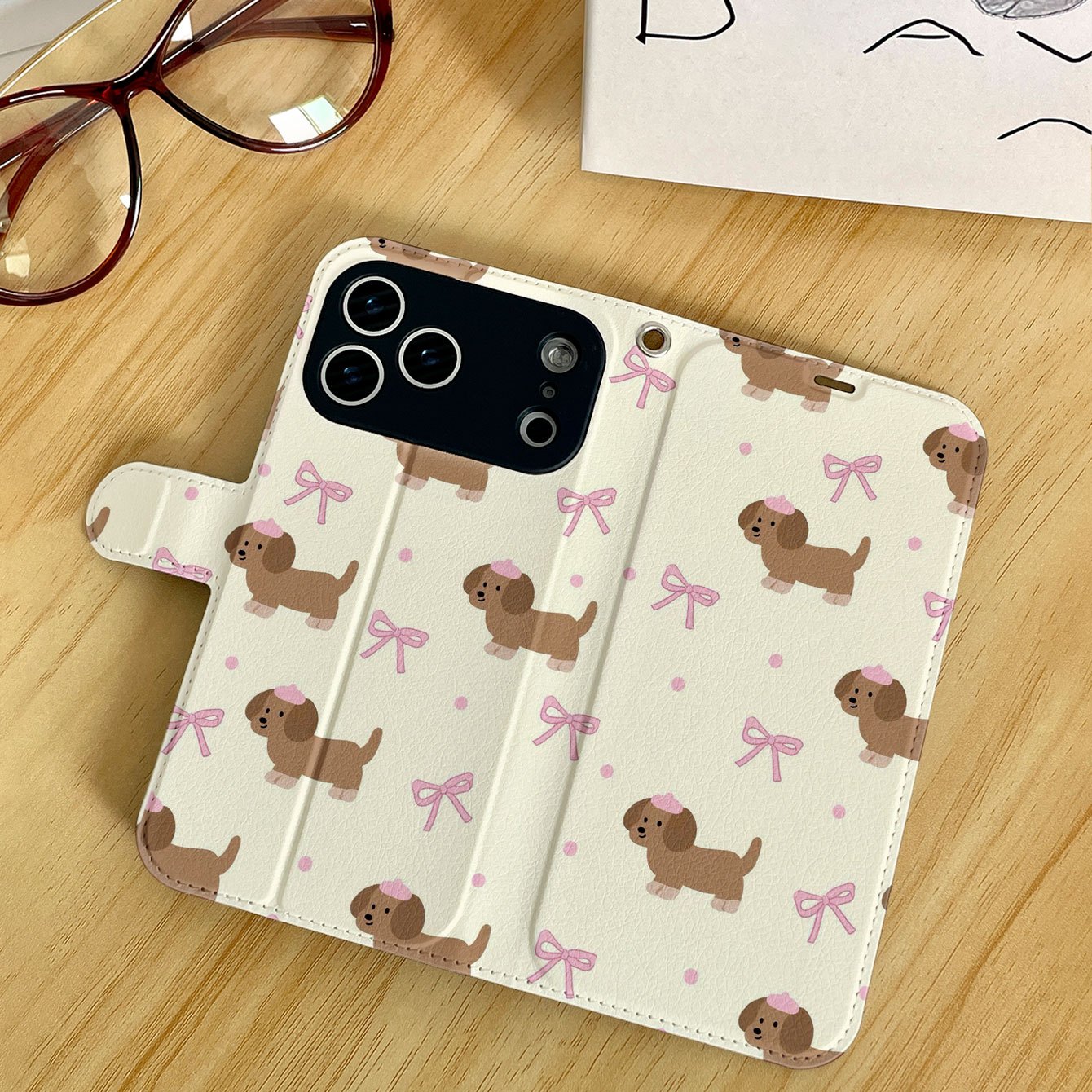 TEMU Phone Case - 1pc Ins Cute Bow Sausage Dog Pattern Faux Leather Flip Phone Case For Iphone 17/17pro/17promax/17air/ For Iphone