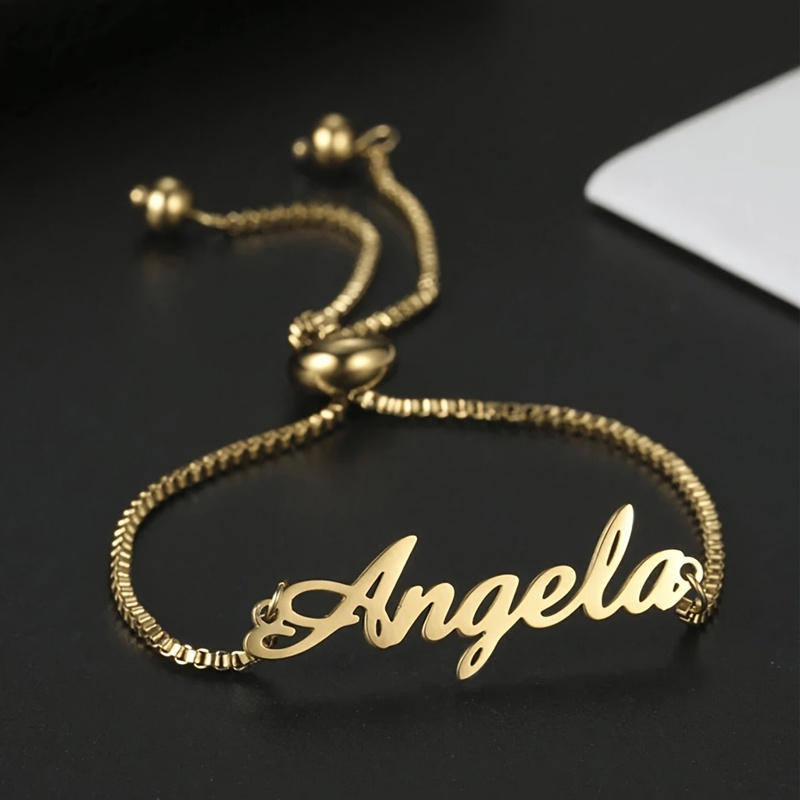 TEMU Bracelet personnalisé minimaliste avec nom en acier inoxydable, bracelet à chaîne à boîte tireuse réglable avec un design simple et élégant et
