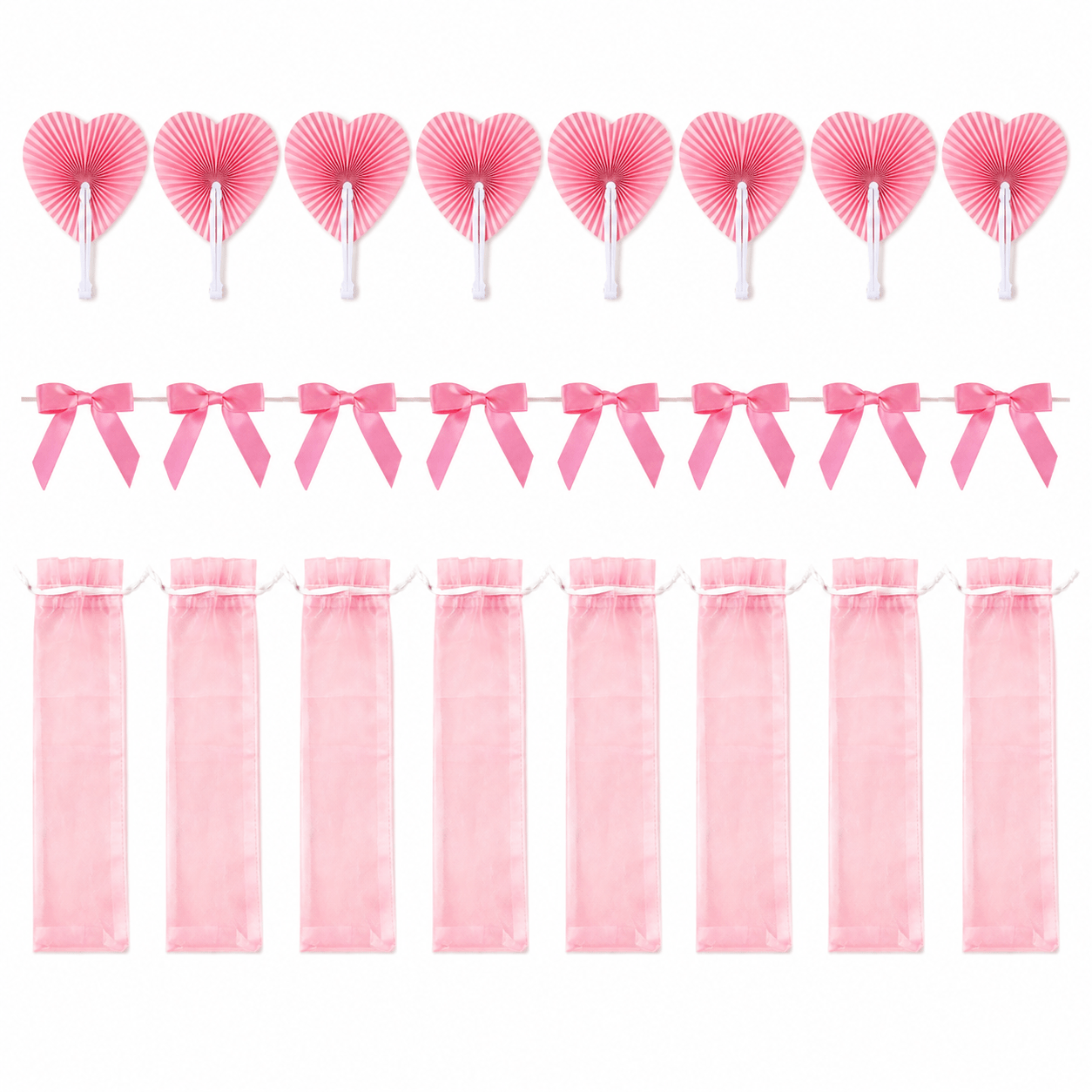 TEMU 24pcs, Women's Pink Heart Folding Fans, Including 8pcs Pink Heart Fans And 8pcs Bags And 8pcs Bows, Paper Fan And Plastic Handles, Suitable For