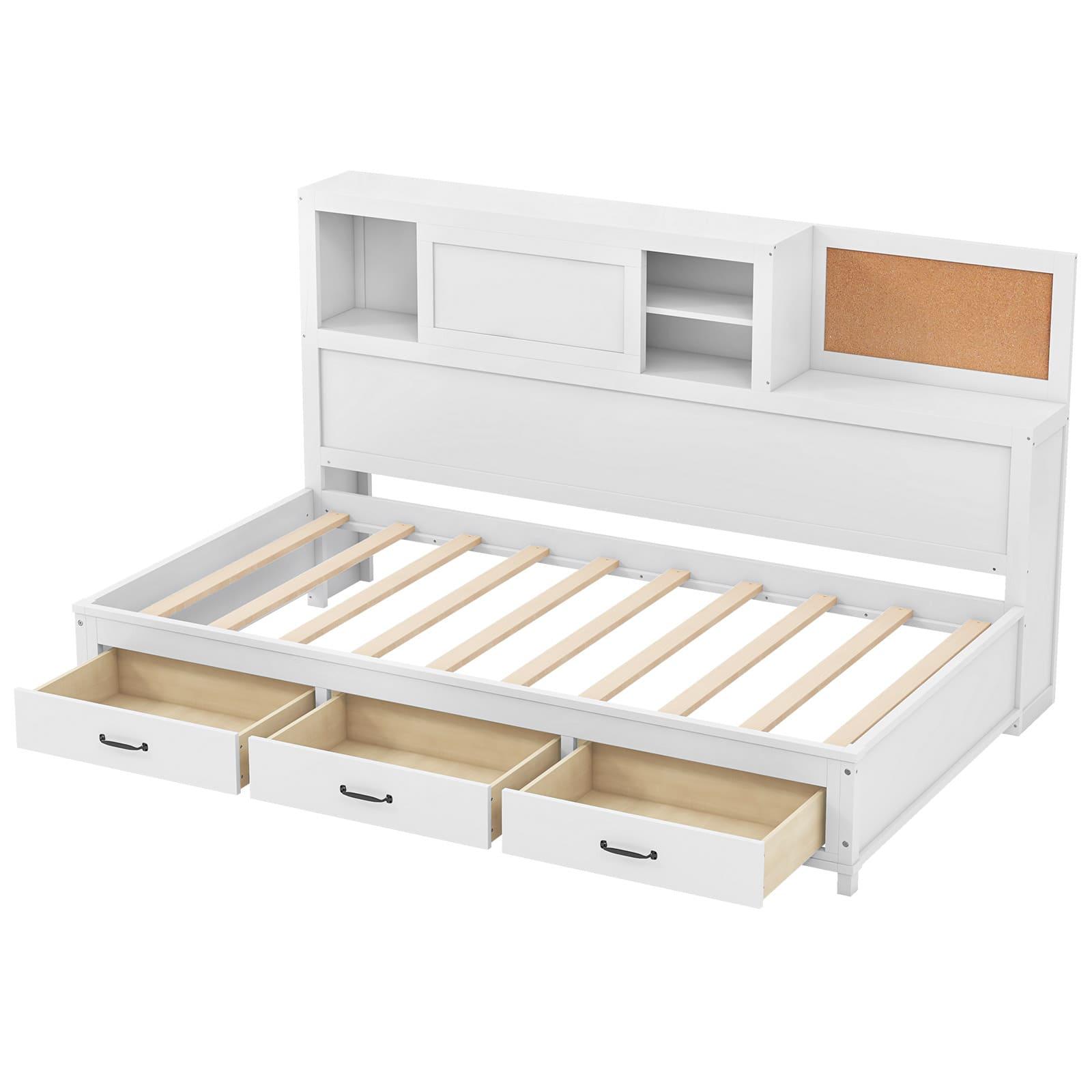 Chic White Daybed with 3 Storage Drawers - Sturdy Wooden Frame, Side Pocket for Essentials & Decor, Ideal for Guest Room