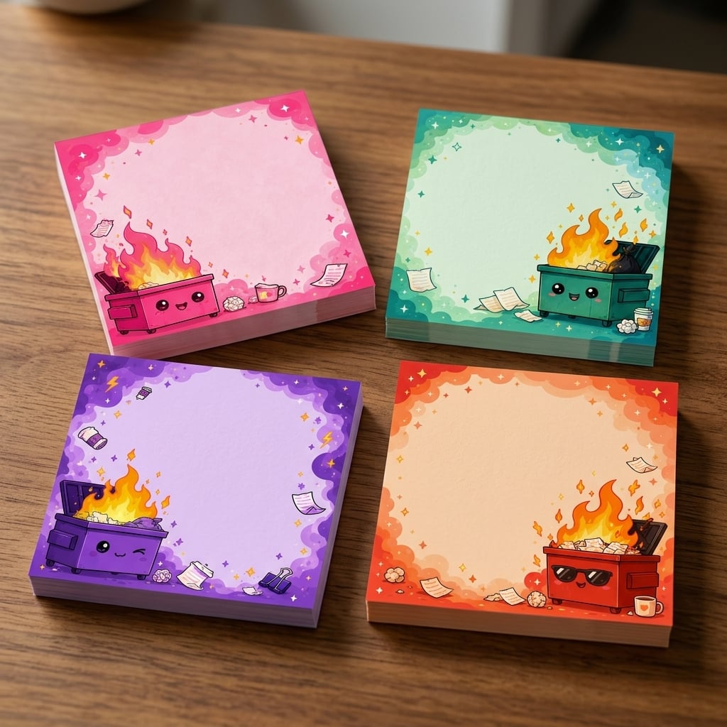 TEMU Cute Dumpster Fire Sticky Notes 4-pack, 3x3 Inch Funny Kawaii Memo Pads For Office Workers, 50 Sheets/pad Desk Additions, Hilarious Gag Gift For