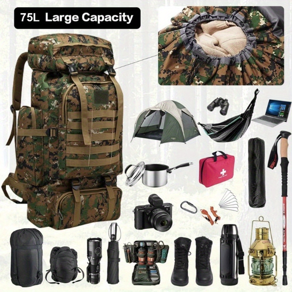 E-shop 1 Stück 75L Dschungelkamouflage Rucksack für Bergsteigen, Camping, Wandern, Radfahren, Wanderausstattung