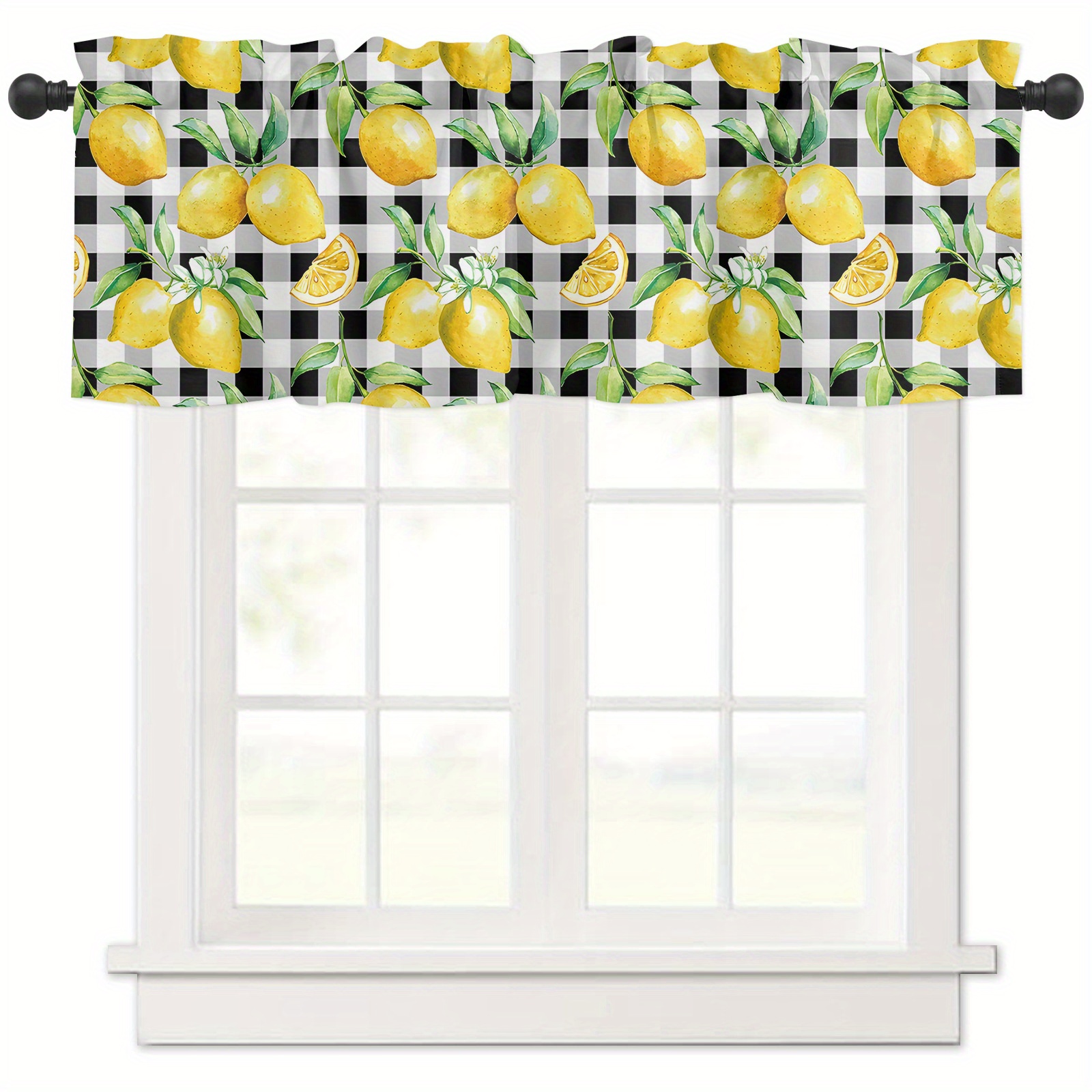 TEMU 1pc Vintage Lemon & Checkered Pattern Light-filtering Valance - 54"x18" Rod Pocket Short Window Curtain, Machine Washable Polyester, Perfect For