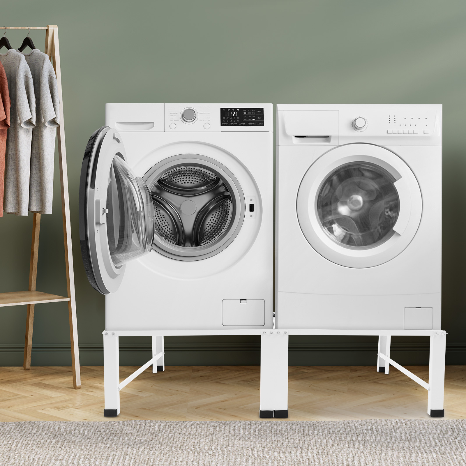 Oukaning Sturdy Frame For Washing Machine And Dryer, Washing Machine Raiser Frame, 2 Compartments Washing Machine Stand -one Washing Machine Bracket 126 X 54.5 X 32cm