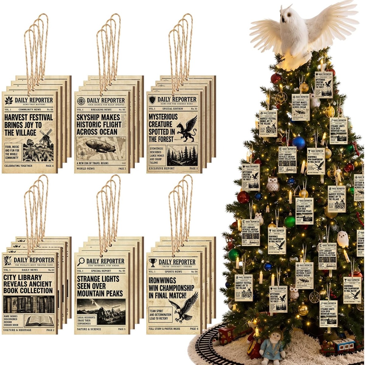 12pcs Magical Christmas Tree Decorations Magical Wizard Ornaments Vintage Wooden Newspaper Hanging Decors For Fans Xmas Tree Holiday Party Decoration