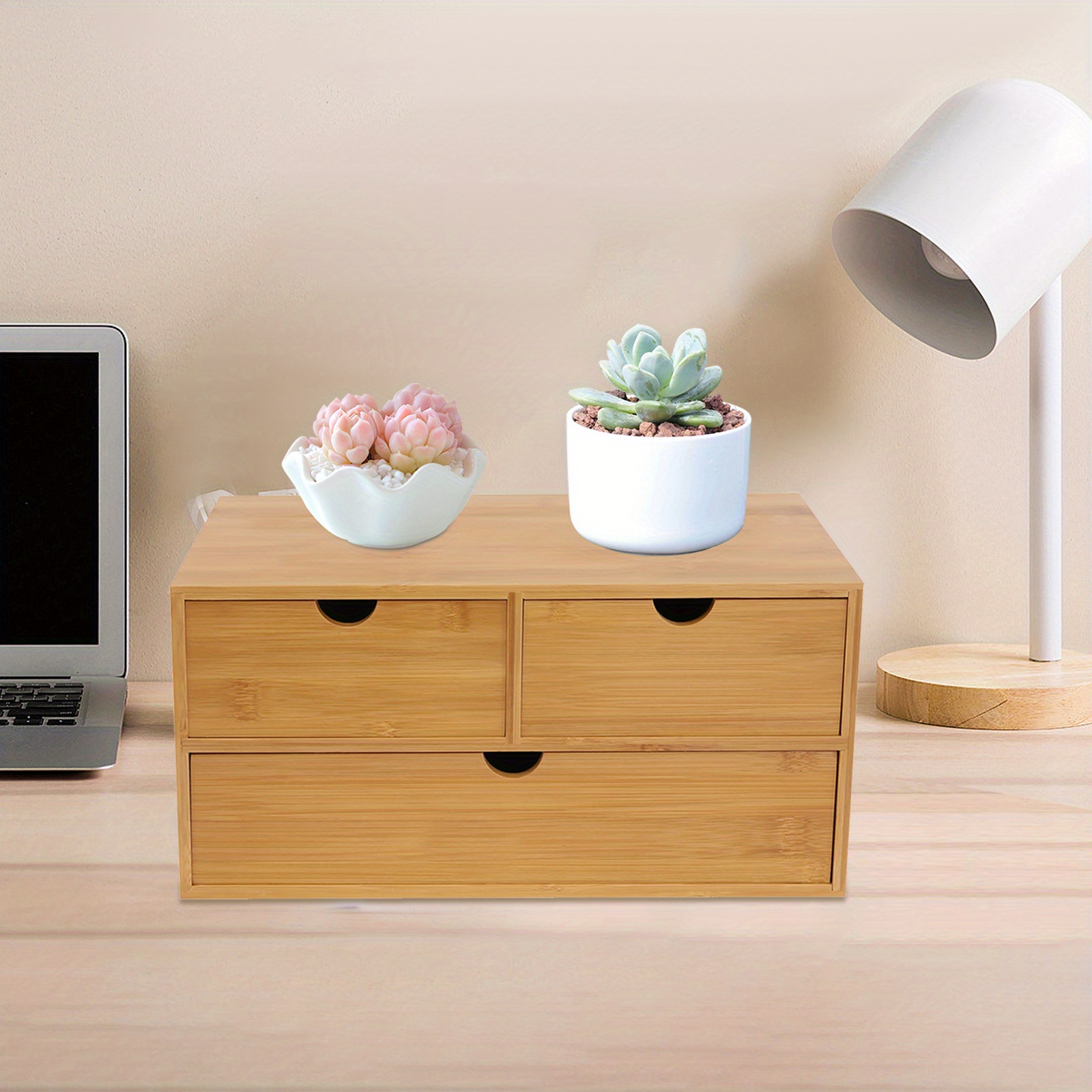 Image of Bamboo Desk Organizer, Tabletop Storage Organization Box, Desk Storage For Sorting And Storing Stamps And Sticky Notes And Scissors And And Pens And Pencils, Etc (2 Top Drawers, 1 Bottom Drawer)