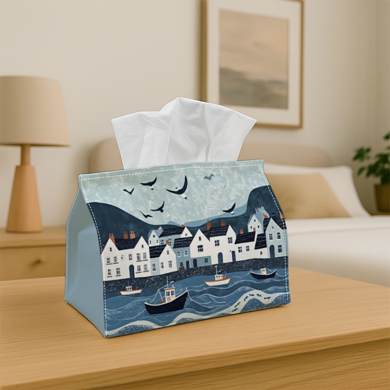 TEMU 1pc Small Tissue Cover Tissue Box Holder With Naive Design - Fishing Boat , Durable Polyester, Ideal For Kitchen, Living Room, Bedroom,