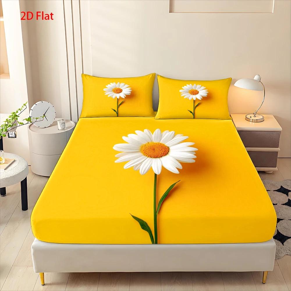 TEMU 3pcs Mattress Protector Set, 1pc Fitted Sheet And 2pcs Pillowcases (filling Not Included) 2d Flat Printing, Yellow Background White Daisy Theme,