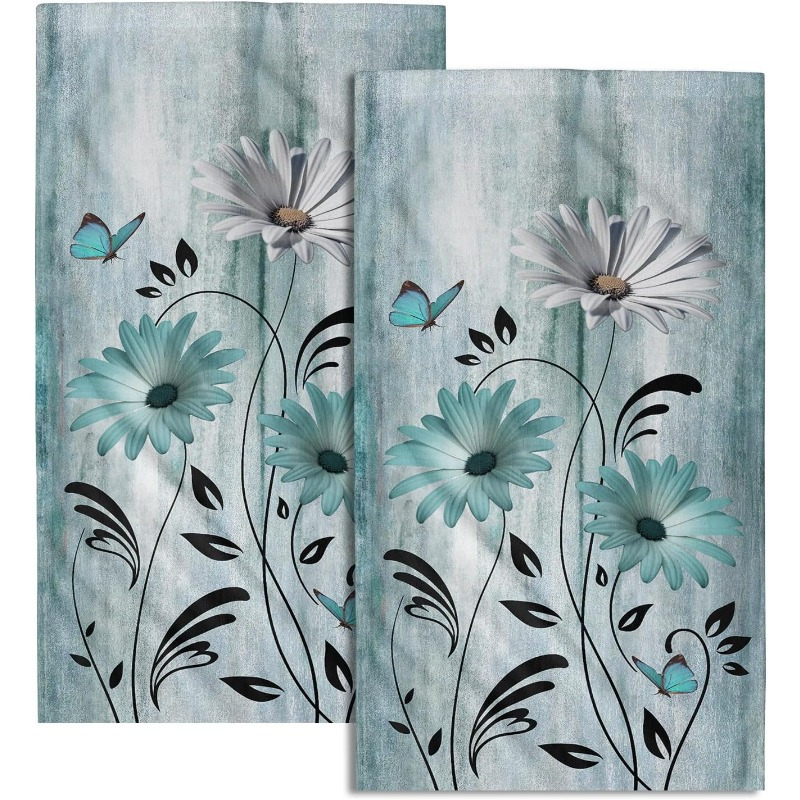 

2-pack Modern Daisy Floral Hand Towels, 18x26 Inches, Super Soft Polyester 100%, Absorbent Fingertip Towels, Machine Washable, Woven, Teal & White, For Home, Sports Gym Decor