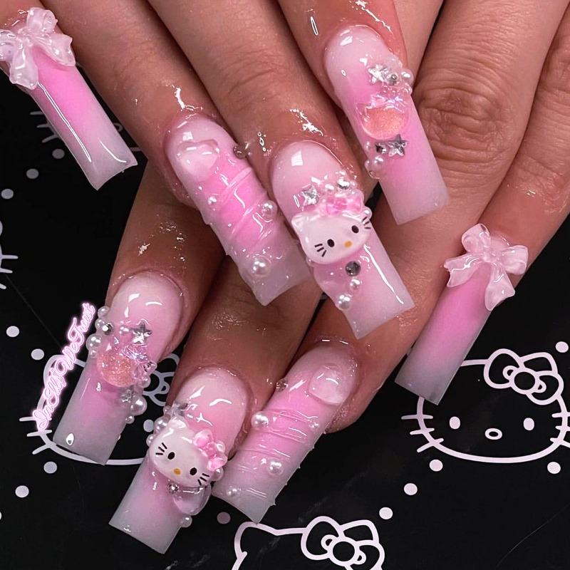 

24pcs Hello Kitty Nail Art Set, Cute 3d And Water Designs, Medium , , Wearing Nail Pads, Nail Pads