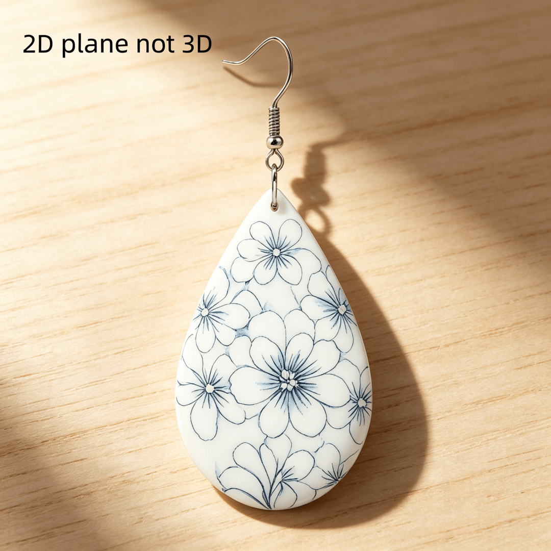Blue White Floral Teardrop Dangle Earrings, Vintage Style
