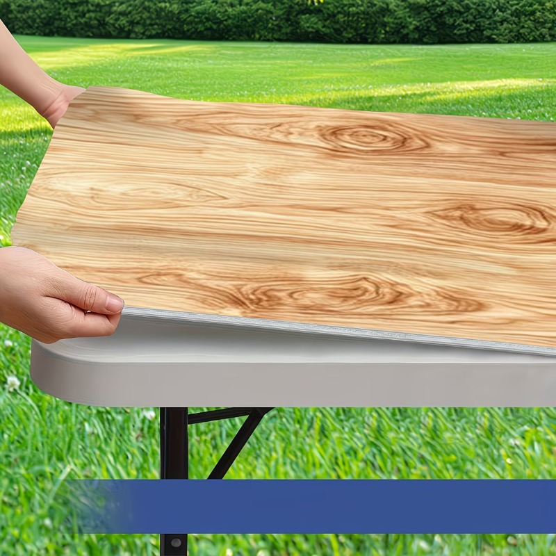 TEMU A Rectangular Tablecloth With A Stretchable Design Featuring A Wooden Surface Pattern With Knots, Made Of Elastic Polyester, Suitable For