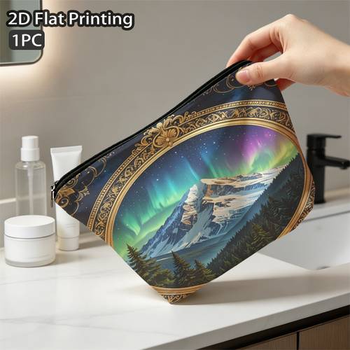1pc Makeup Bag, Ornate Mountain Pattern, 2D Flat Printing, Tear Resistant, Easy to Clean, Cosmetics Storage Bag, for Office, 2D Flat