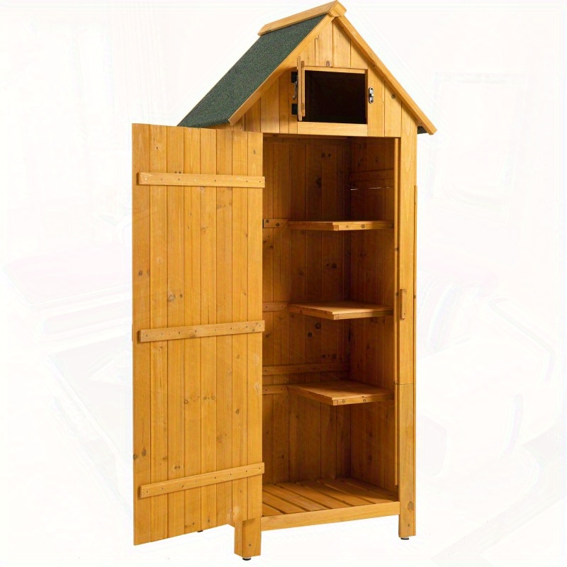 Outdoor Cabinet Tool Shed Measuring 30, 3 Inches in Length, 21, 3 Inches in Width, And 70, 5 Inches in Height, Made of Natural Wood