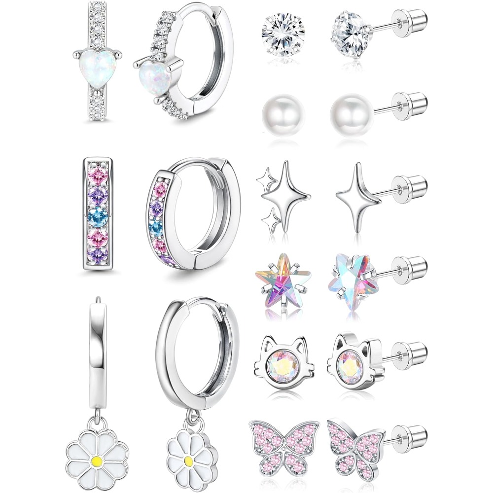 9 Pairs Hypoallergenic Silvery Huggie Hoop Earrings For Women Small Surgical Steel Earrings Heart Dangle Earrings Pink Colorful Cz Star Flower Screw Back Stud Earrings