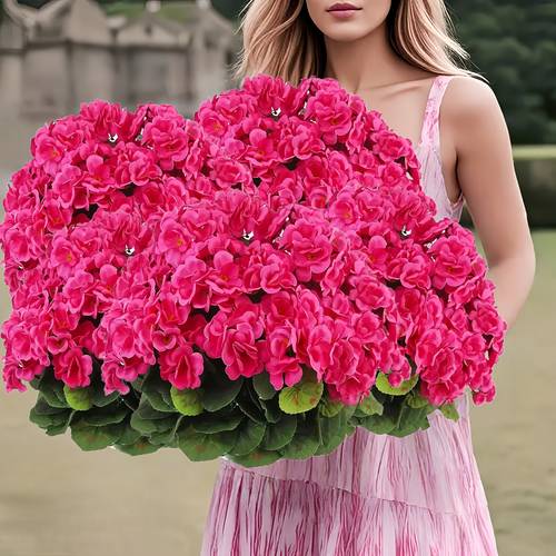 8 sets 40 large heads realistic uv resistant artificial geranium flowers vibrant pink with green foliage low maintenance outdoor plastic plants suitable for weddings holidays office decor