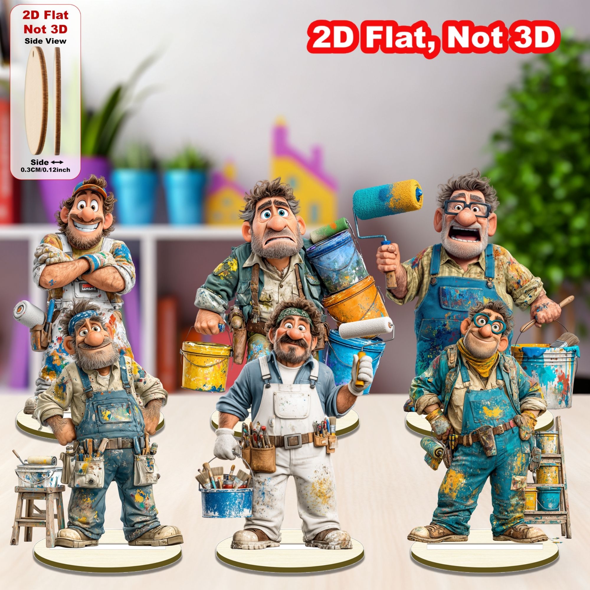 TEMU 2d Flat, 6pcs Male Painter Figurines With Beret & Palette - Artificial Artist Statues Suitable For Desk Decor, Shelf Centerpieces, Father's Day