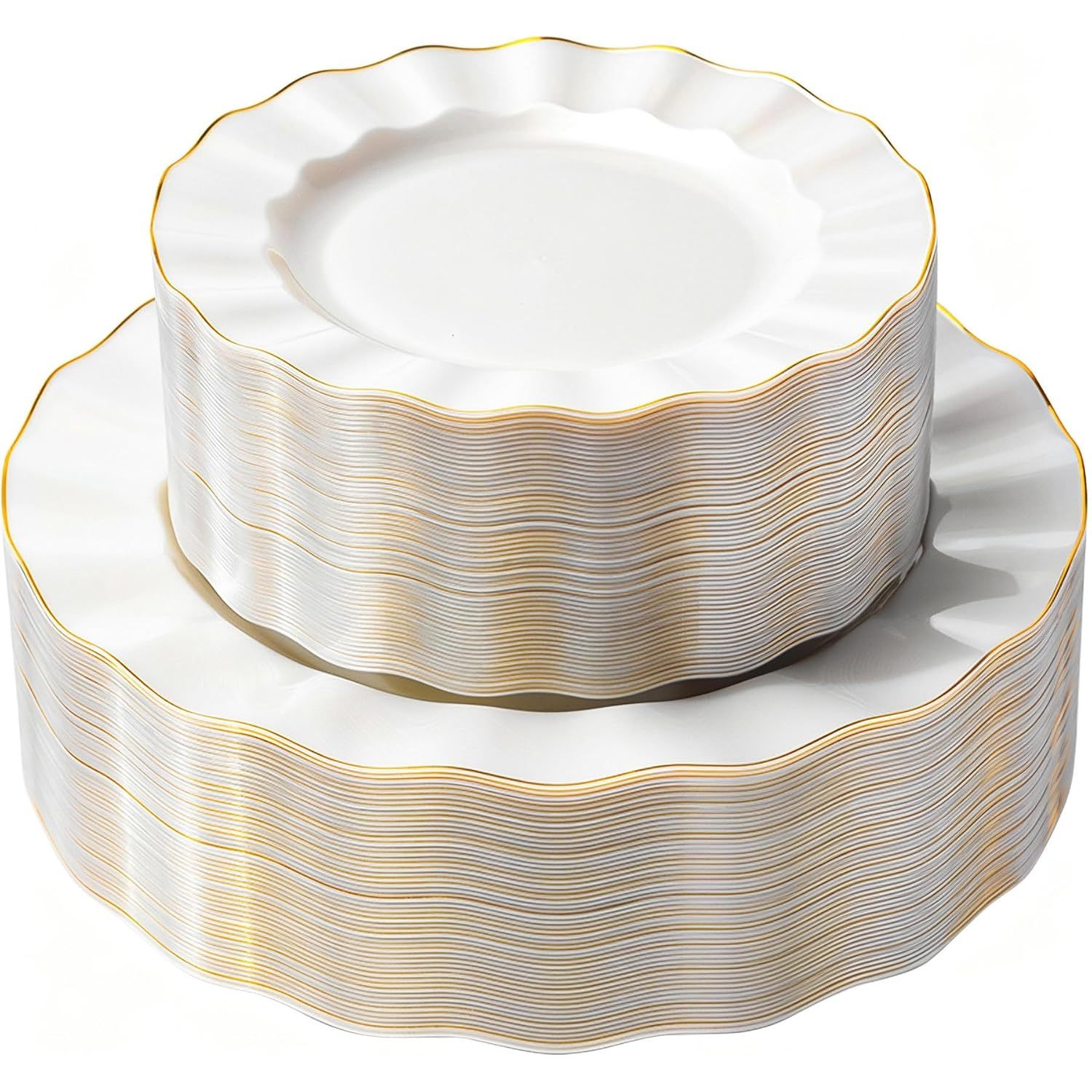TEMU Lot de 40 assiettes en plastique blanc , assiettes ondulées avec bordure dorée