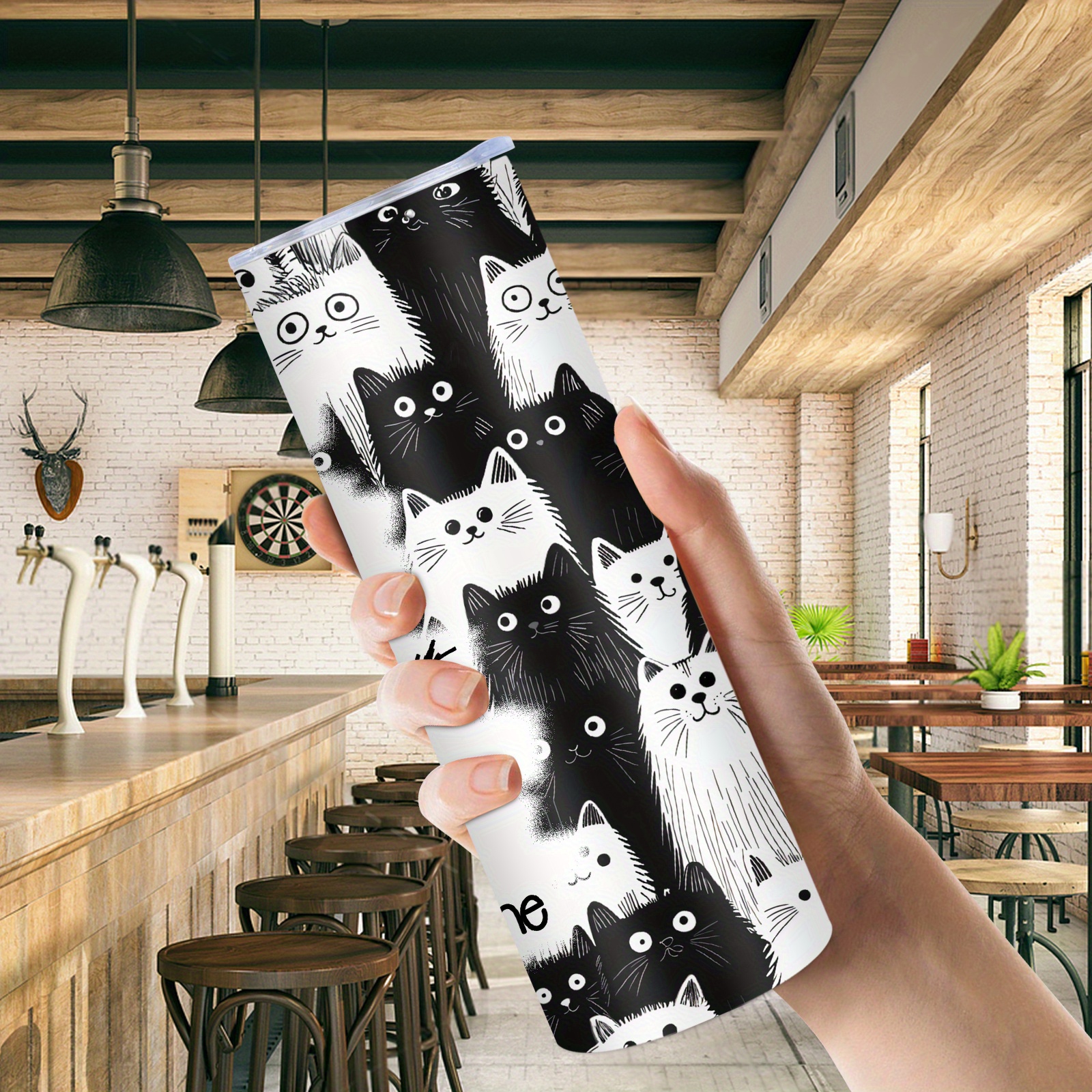 TEMU 20oz Stainless Steel Cat Tumbler With Handle & Straw – Fun Black Cat Design, " Fine" Humorous Text, Perfect Gift For Cat Lovers, Women, Men, And , Hand Wash Only