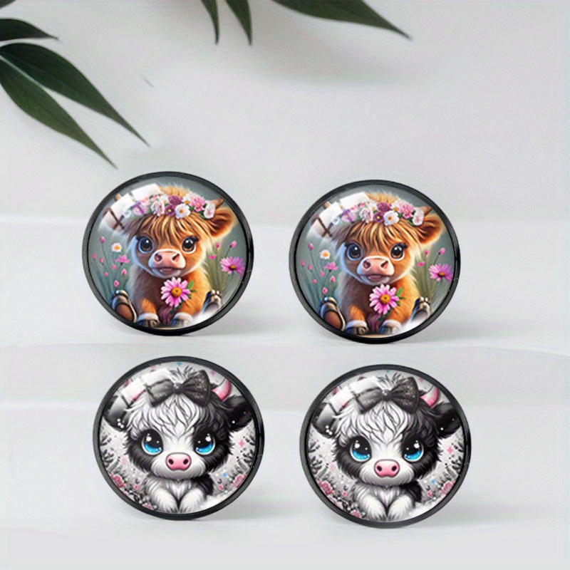 E-shop 2 Paar niedliche runde schwarze Ohrstecker mit Hochlandrind-Muster, beliebter Schmuck für Feiertagsparty, Geburtstagsgeschenk