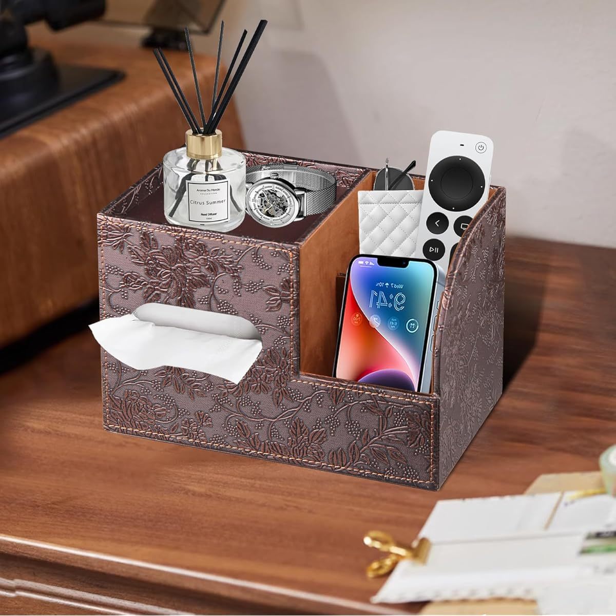 modern   leather tissue box cover with storage tray stylish facial paper organizer for bathroom vanity or nightstand   remote control holder and perfume bottle bathroom organizers and storage Product details 4