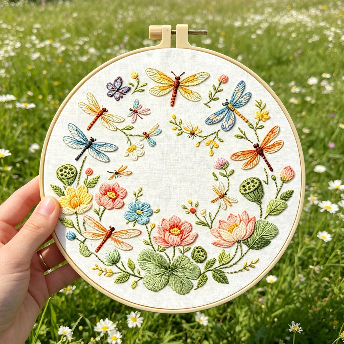 TEMU 1 Set Printed Embroidery Kit Dragonfly Floral Language Surround Floral Theme Pattern Hand Embroidery Kit, Suitable For Embroidery Enthusiasts