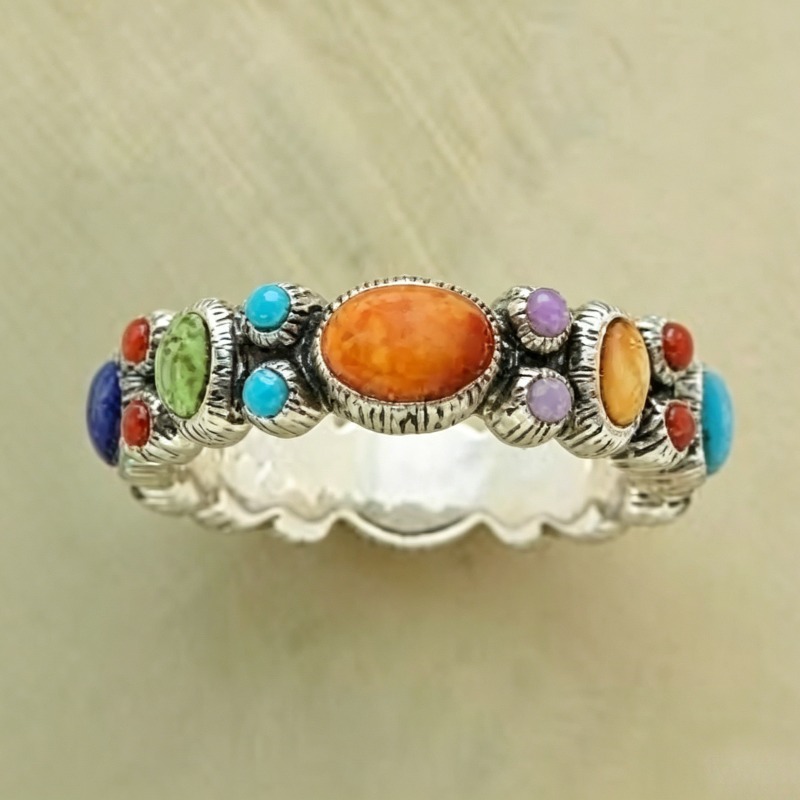 TEMU Women's Bohemian Colorful Personality Ring, Vintage Ethnic Style Stacking Ring, Trendy Retro Item Suitable For Daily Wear, Holidays,