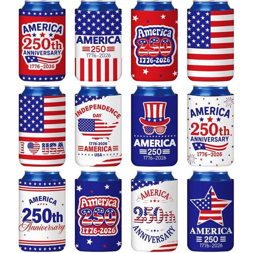 12pcs can cooler sleeves 250th anniversary for 1776 2026 additions party favors collapsible for memorial day decoration