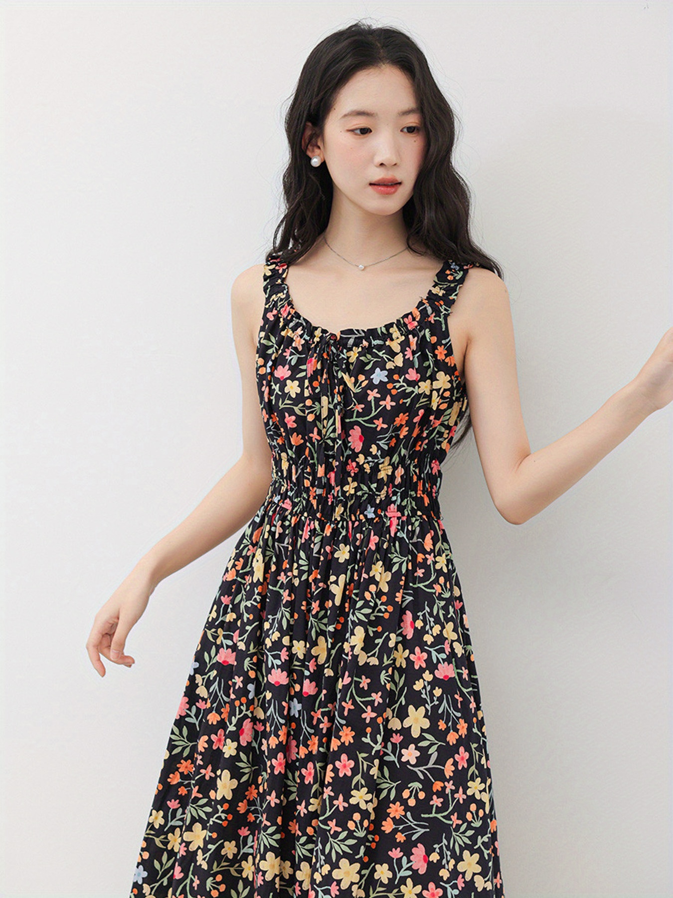 floral print club dress Floral Print Tie Waist Straight Neck Midi Dress Turquoise / S