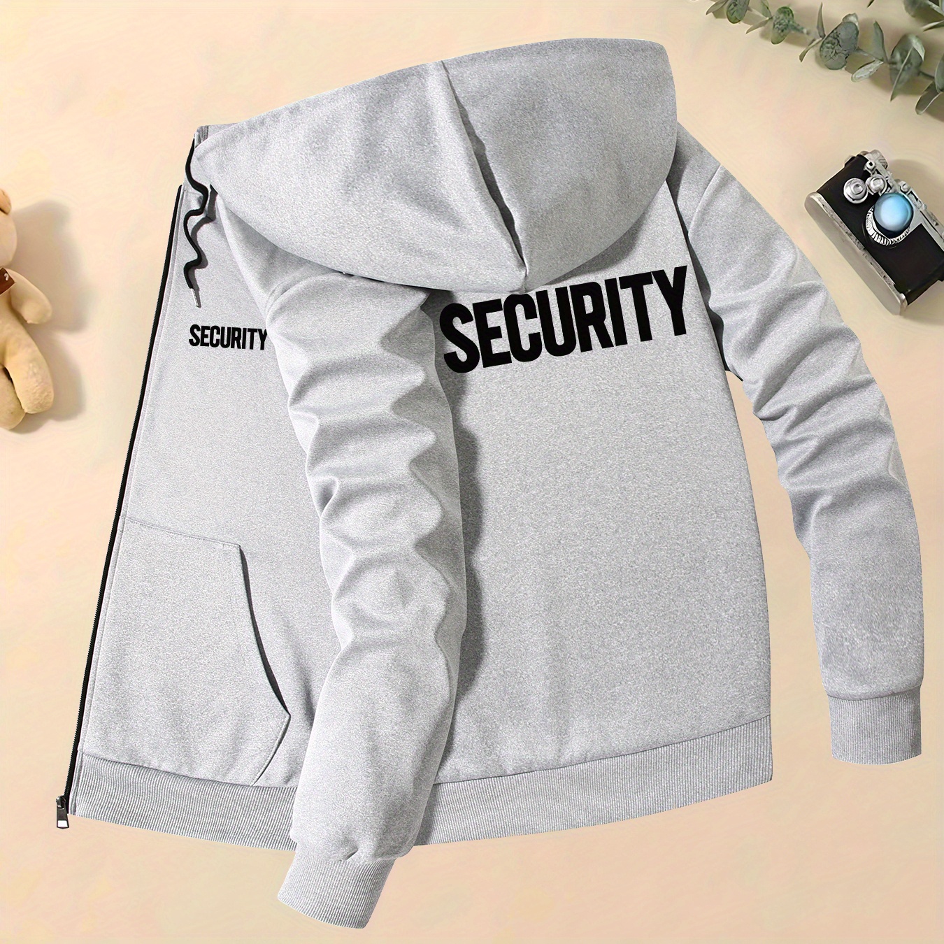 

1pc Men's Casual Security Print Hooded Jacket, Polyester Knit Fabric With Pockets, Long Sleeve Zip-up Hoodie For Fall/winter, , Fashion, Collar