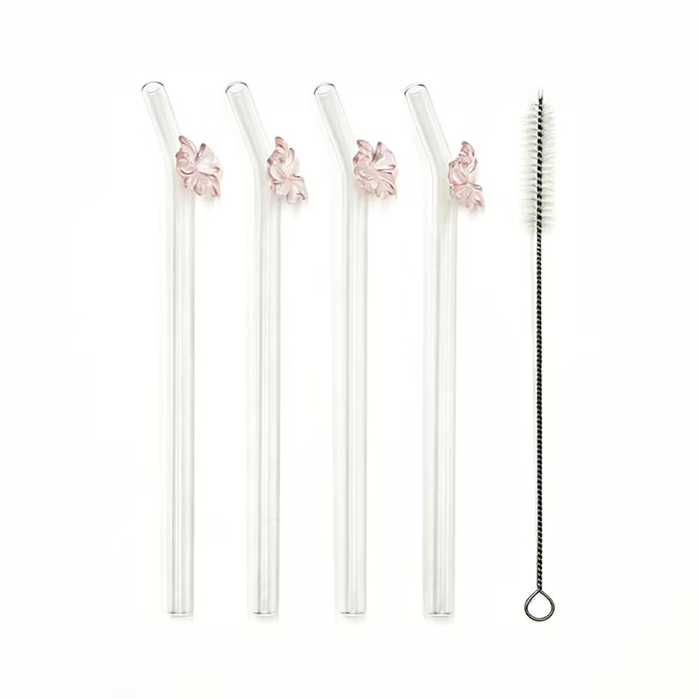 TEMU 4pcs Cute Floral Pattern Glass Straws, Reusable Borosilicate Glass Straws, Suitable For , Juices, Iced Coffee, And Cocktail , Includes Straw